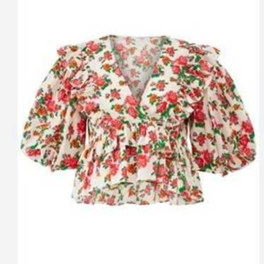 Rhode Floral Peplum Top Womens S White Red Cotton Puff Sleeve Ruffle Excellent